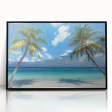 Framed acrylic artwork depicting a serene beach landscape with vibrant colors and a sleek black frame, perfect for enhancing modern home decor.