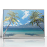 Framed acrylic artwork depicting a serene beach landscape with vibrant colors, white frame, and a modern aesthetic, perfect for coastal home decor.