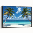 Framed landscape canvas artwork depicting serene beaches with vibrant blue skies and golden sands, featuring a sleek black frame and side view for aesthetic appeal.