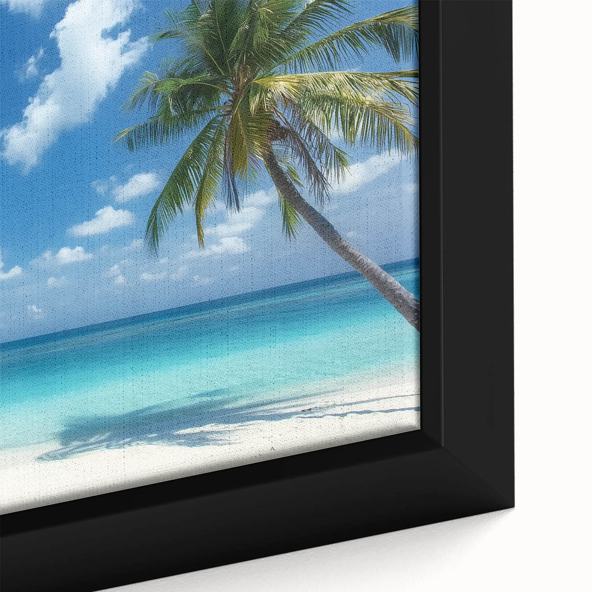 Framed canvas art depicting a serene beach landscape with vibrant blue skies and golden sands, showcasing intricate details and textures, perfect for home decor.