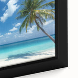 Framed canvas art depicting a serene beach landscape with vibrant blue skies and golden sands, showcasing intricate details and textures, perfect for home decor.