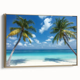 Framed canvas artwork showcasing a serene beach landscape with golden hues, featuring a side view of the frame, ideal for coastal-themed home decor.