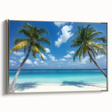 Framed canvas artwork depicting a serene beach landscape with vibrant colors and intricate details, featuring a sleek silver frame that enhances the coastal scene. Perfect for home decor, this piece brings a calming ocean vibe to any room.