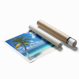 Rolled landscape print showcasing a serene beach scene with soft pastel colors, featuring gentle waves and a clear sky, packaged in a protective cardboard tube for easy shipping.