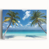 Stretched canvas artwork depicting a serene beach landscape at sunset, featuring vibrant orange and blue hues, perfect for enhancing home decor and evoking tranquility.