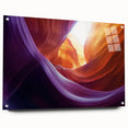 Acrylic glass artwork depicting a stunning landscape of canyons, showcasing rich earth tones and intricate textures. Side view highlights mounting pins for easy display. Perfect for enhancing home decor with a natural touch.