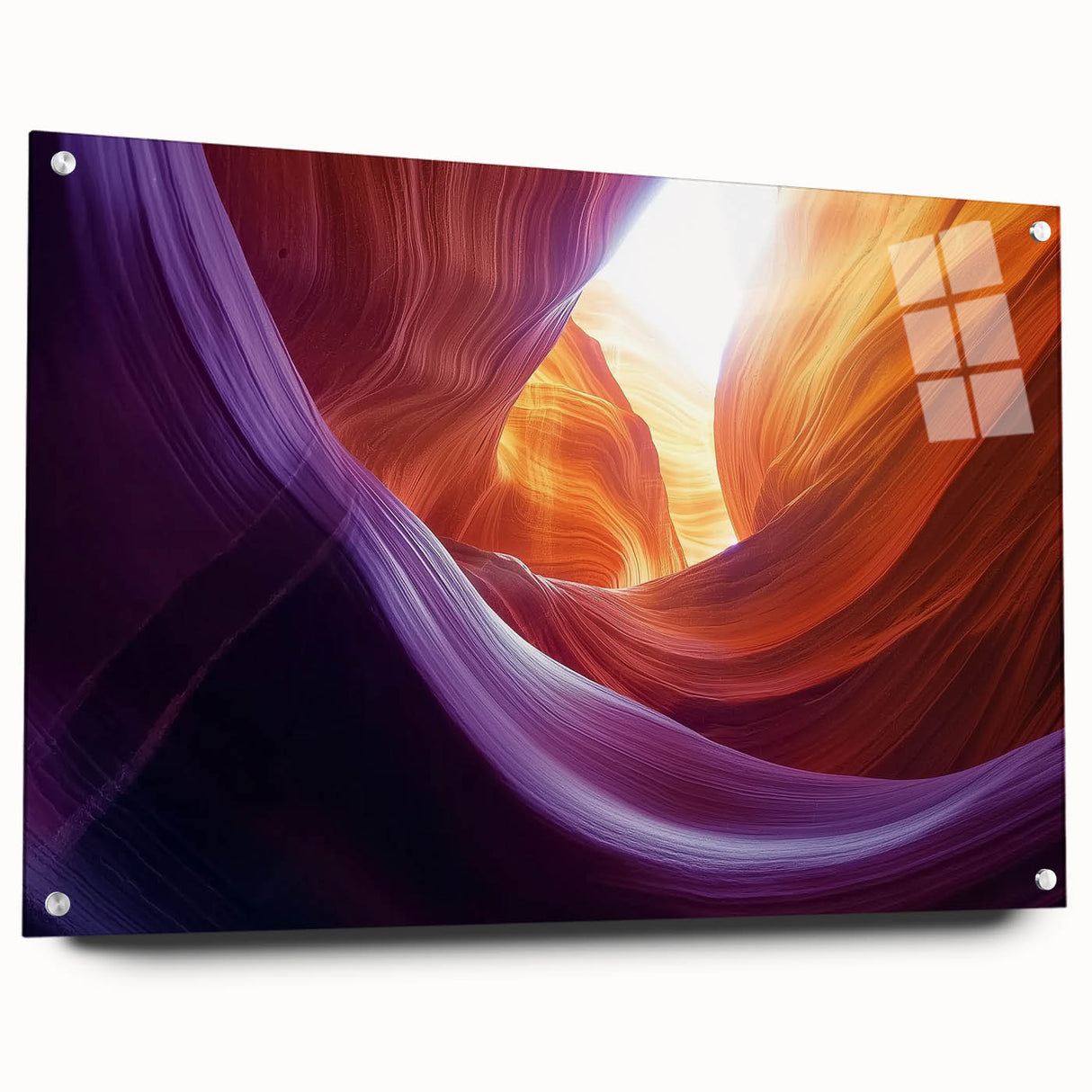 Acrylic glass artwork depicting a stunning landscape of canyons, showcasing rich earth tones and intricate textures. Side view highlights mounting pins for easy display. Perfect for enhancing home decor with a natural touch.