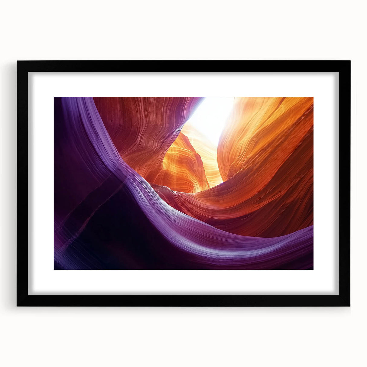 Framed landscape artwork of canyons with a sleek black mat, showcasing vibrant colors and intricate details, perfect for enhancing modern home decor.