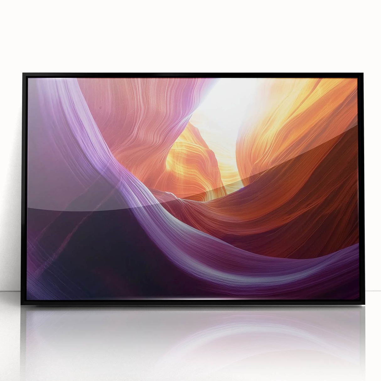 Framed acrylic artwork showcasing a stunning landscape of colorful canyons, featuring a sleek black frame and vibrant hues that enhance any modern decor. Perfect for enhancing living spaces.