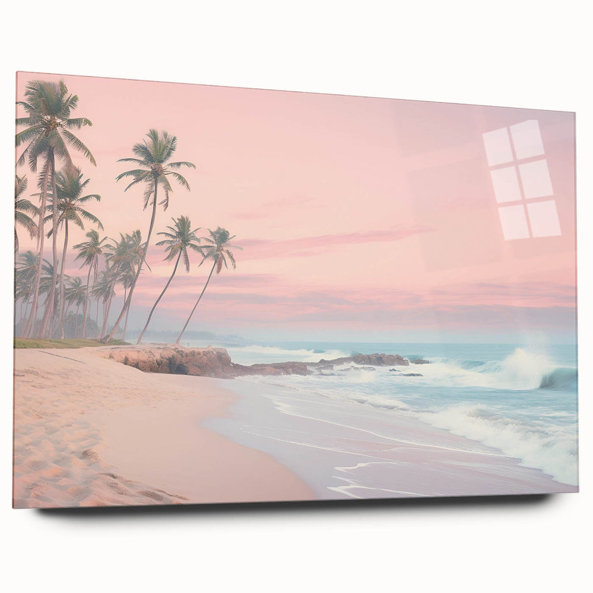 Large abstract wall art in vibrant blue and orange tones on acrylic glass, ideal for bedroom or dining room decor.