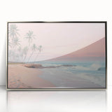 Mid-century modernist art featuring geometric shapes in soft pastel colors on a framed acrylic print.