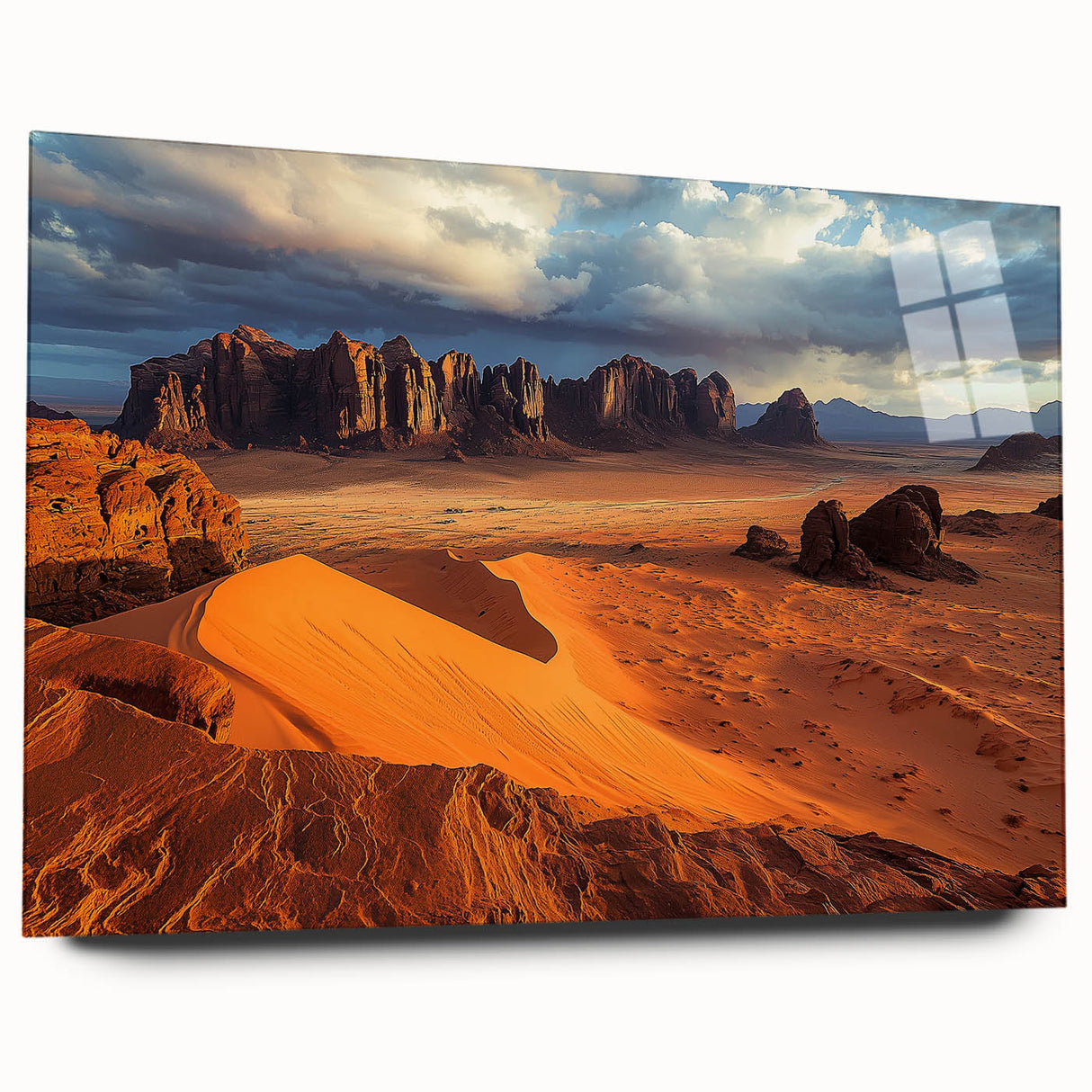 Acrylic glass artwork depicting stunning cliff landscapes in vibrant colors, showcasing intricate details and a side view presentation without pins, perfect for modern decor.