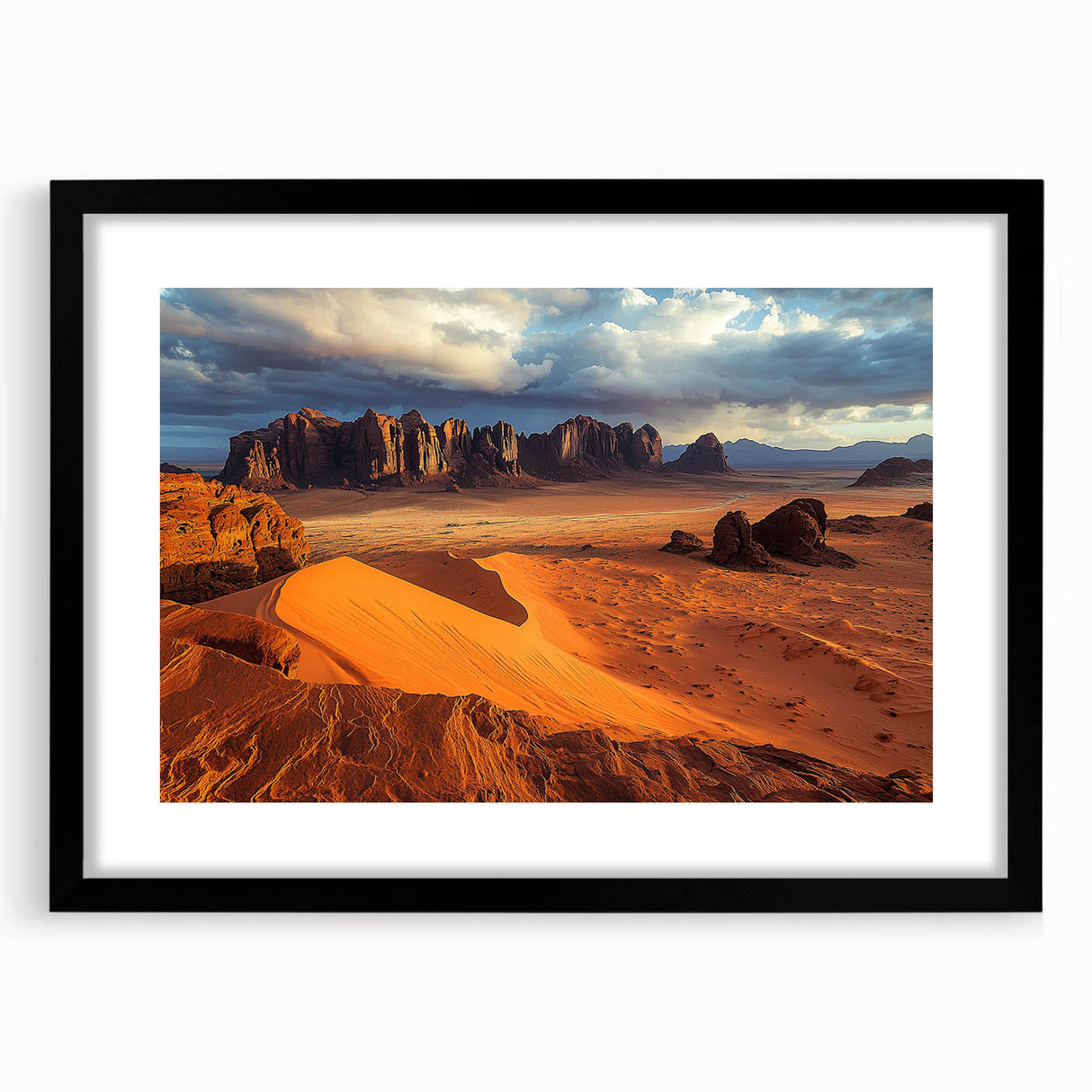 Black-framed landscape artwork showcasing dramatic cliffs, elegantly matted for a polished look, ideal for enhancing modern home decor with natural beauty.