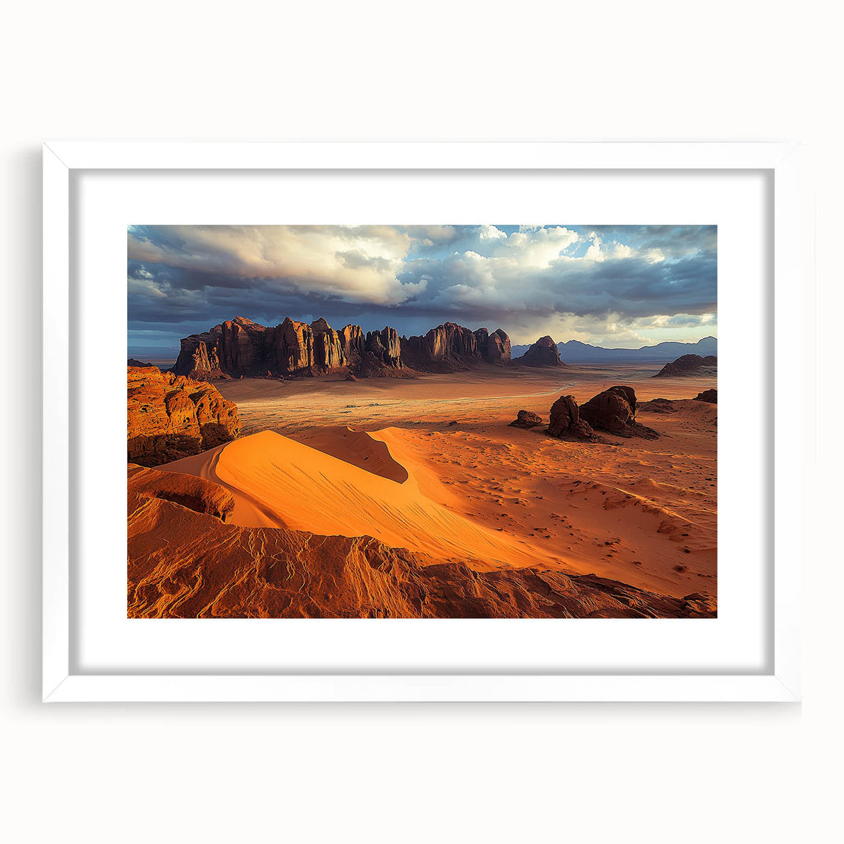 White-framed landscape print showcasing dramatic cliffs against a blue sky, ideal for home decor, adding an elegant touch to any wall space.