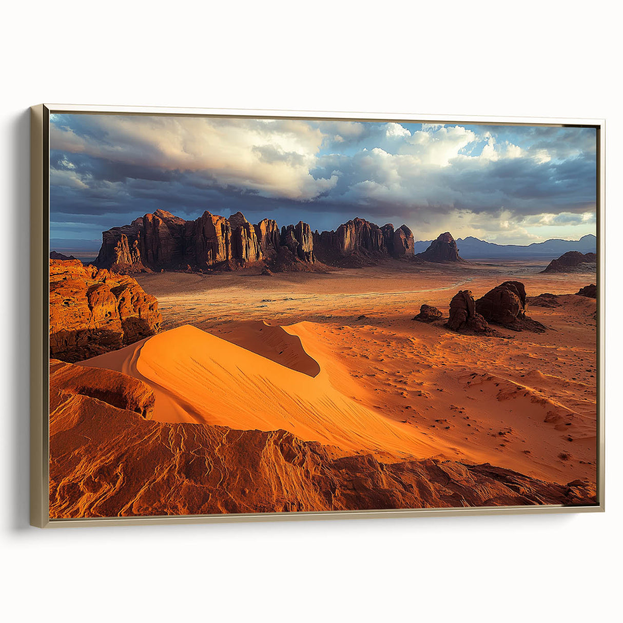 Framed canvas artwork showcasing a stunning cliff landscape with vibrant colors and gold accents, ideal for enhancing modern home decor and interior design aesthetics.