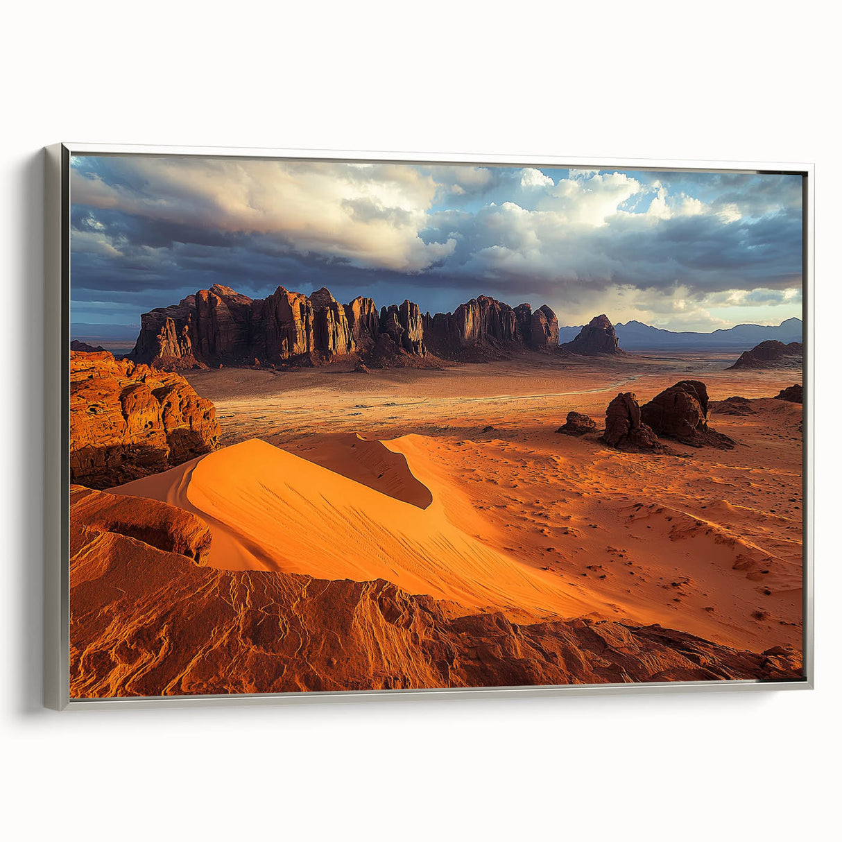 Framed canvas artwork depicting a breathtaking landscape with dramatic cliffs, featuring a sleek silver frame that enhances its modern aesthetic. Ideal for home decor.