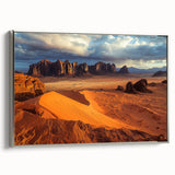 Framed canvas artwork depicting a breathtaking landscape with dramatic cliffs, featuring a sleek silver frame that enhances its modern aesthetic. Ideal for home decor.