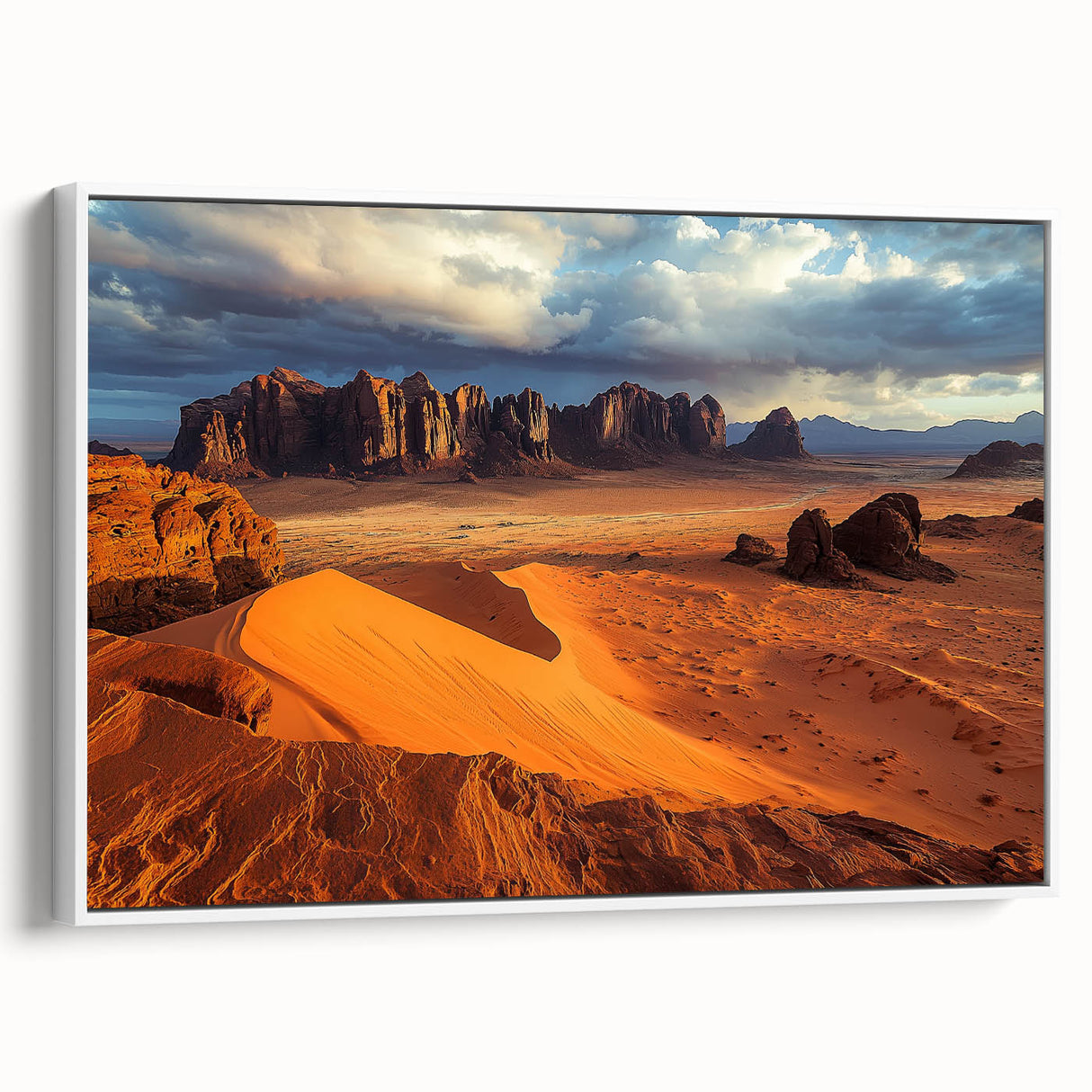Framed canvas artwork depicting a stunning landscape of cliffs under a blue sky, showcasing vibrant colors and intricate details, perfect for home decor enhancement.