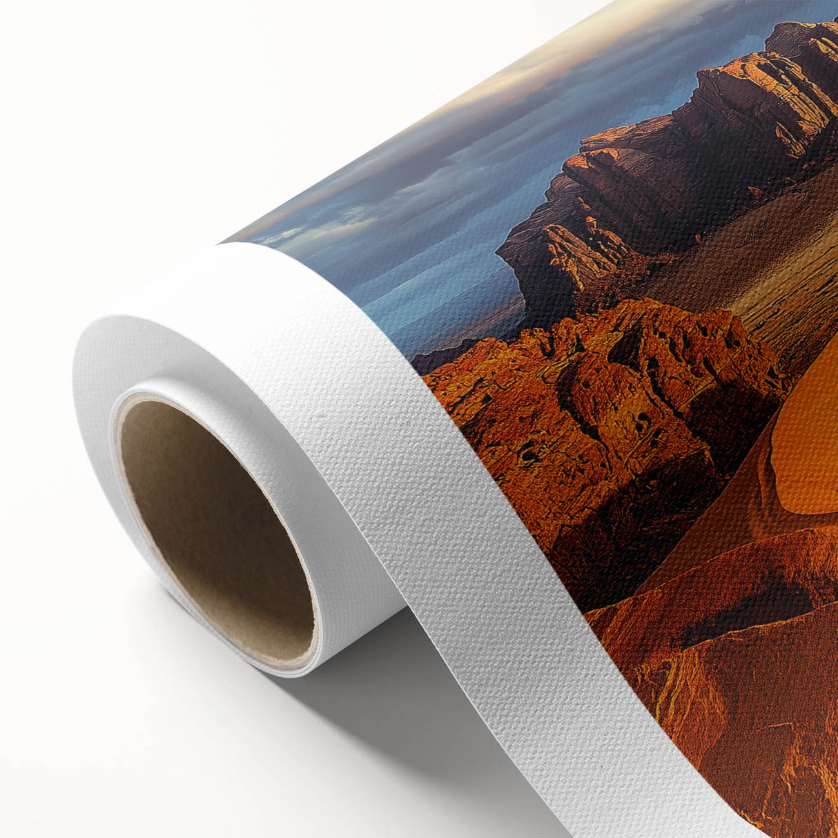 Vibrant rolled canvas artwork depicting a majestic cliff landscape, showcasing rich colors and intricate details, ideal for home decor and enhancing interiors.