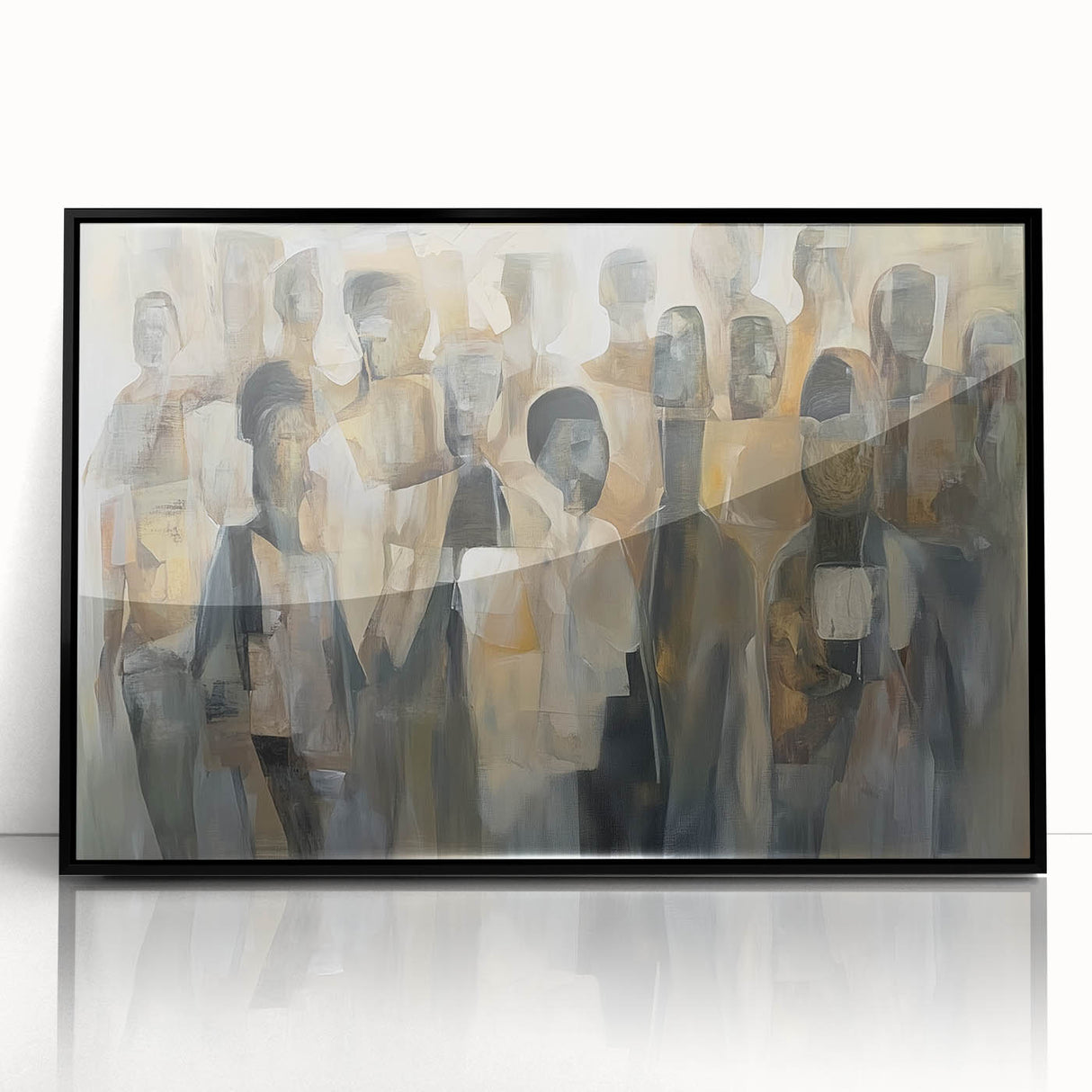 Framed abstract figurative artwork with a black acrylic finish, showcasing intricate patterns and vibrant colors, ideal for modern home decor.