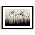 Abstract floral wall art design framed in black, featuring vibrant colors and a mat. Ideal for modern home decor, enhancing any living space with elegance.