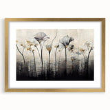 Abstract floral wall art framed with a gold mat, showcasing vibrant colors and intricate designs, perfect for modern home decor accents.