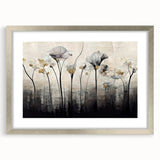 Abstract floral wall art in a sleek silver frame with a mat, showcasing vibrant colors and intricate designs, perfect for modern home decor.
