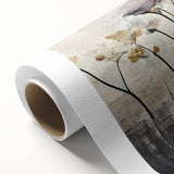 Abstract floral wall art design on rolled canvas, showcasing vibrant colors and intricate patterns, ideal for modern home decor. Packaged securely in a sturdy cardboard tube for safe delivery.