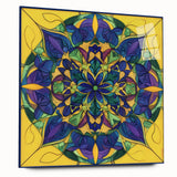 Abstract geometric design on acrylic glass showcasing vibrant colors and unique shapes, displayed in a side view without pins, perfect for modern decor.