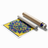 Abstract geometric rolled print showcasing vibrant colors and intricate patterns, designed for modern decor, elegantly packaged in a protective cardboard tube.