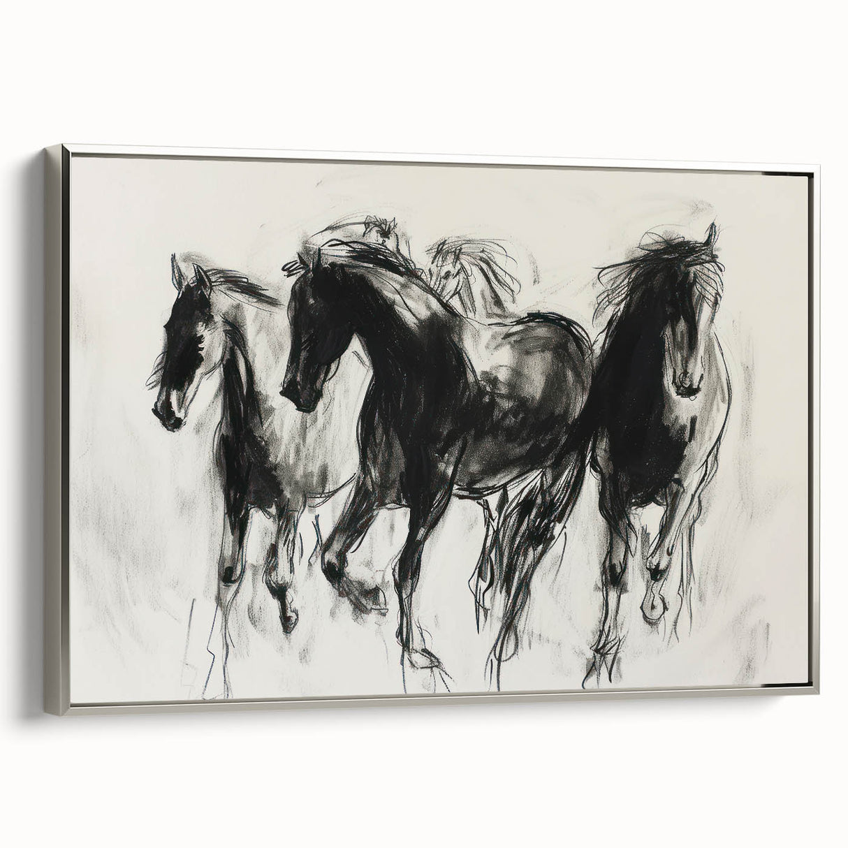Framed canvas artwork showcasing a vibrant design of various animals, with a sleek silver frame adding elegance. Ideal for enhancing home decor or nature-themed spaces.