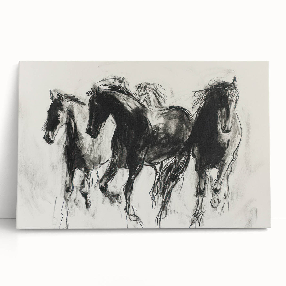 Stretched canvas artwork featuring a vibrant design of various animals in a colorful, abstract style, leaning against a textured wall for display. Perfect for enhancing home decor with a touch of nature-inspired art.