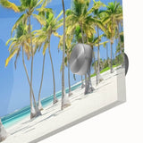 Close-up of a vibrant acrylic beach landscape artwork showcasing vivid blues and sandy tones, perfect for beach-themed decor or coastal-inspired interiors.