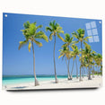 Acrylic glass landscape artwork depicting serene beaches with vibrant colors, displayed in a side view showcasing its sleek design and attached pins for easy mounting. The piece captures the essence of coastal tranquility, making it a perfect addition to home decor.