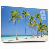 Acrylic glass landscape artwork depicting serene beaches with vibrant colors, displayed in a side view showcasing its sleek design and attached pins for easy mounting. The piece captures the essence of coastal tranquility, making it a perfect addition to home decor.
