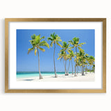 Elegant gold-framed landscape art print showcasing a serene beach scene, complete with a mat, ideal for home decor. Perfect for adding a touch of coastal tranquility to any room.