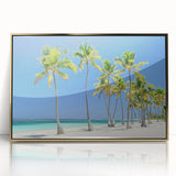 Framed acrylic artwork depicting a serene beach landscape, featuring vibrant colors and golden accents, perfect for enhancing modern home decor. Ideal for coastal-themed interiors.