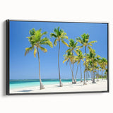 Framed landscape canvas art depicting serene beaches, featuring a black frame and side view that highlights its elegant design, perfect for home decor.