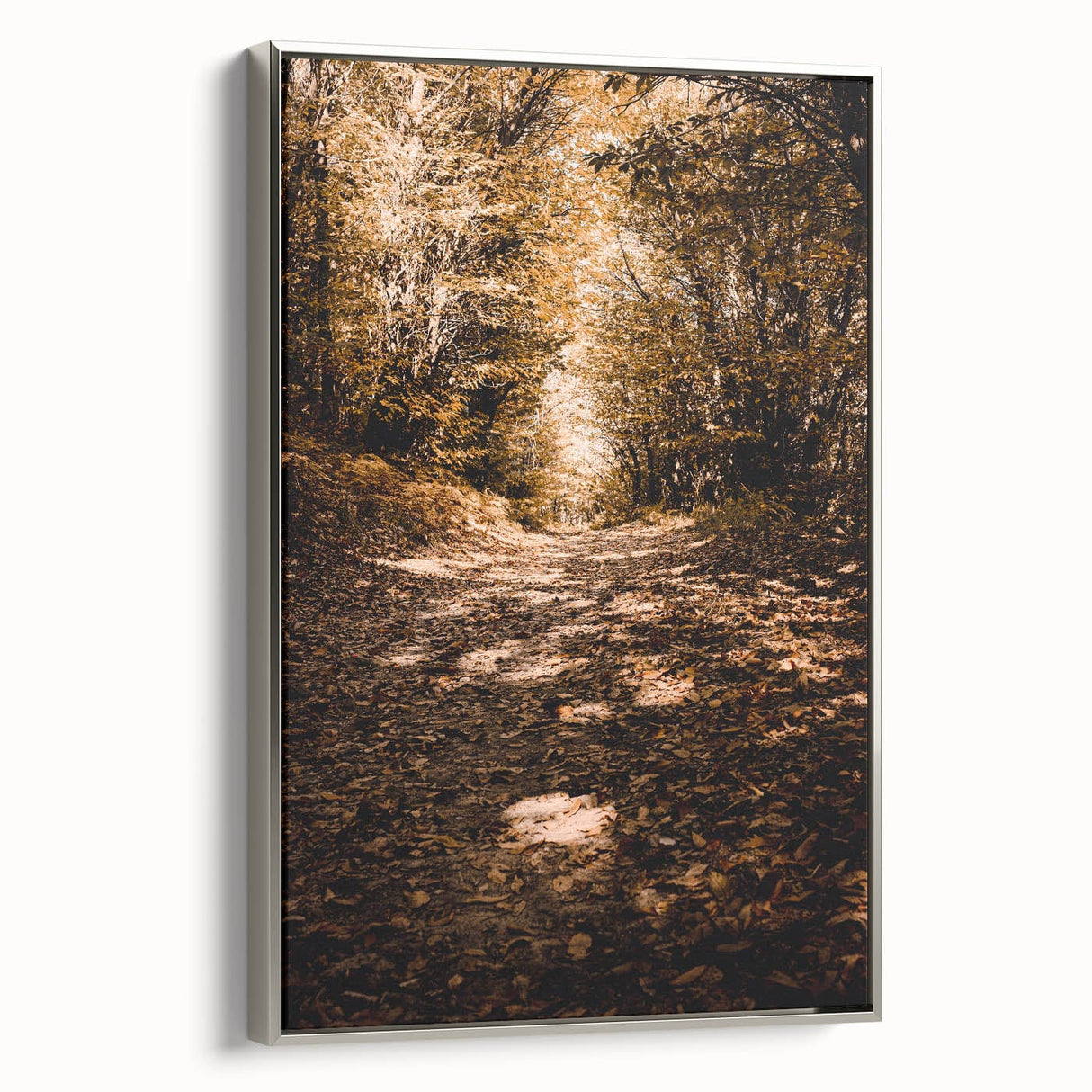 Framed canvas landscape art painting depicting a colorful autumn scene with silver frame, suitable for living room decor.