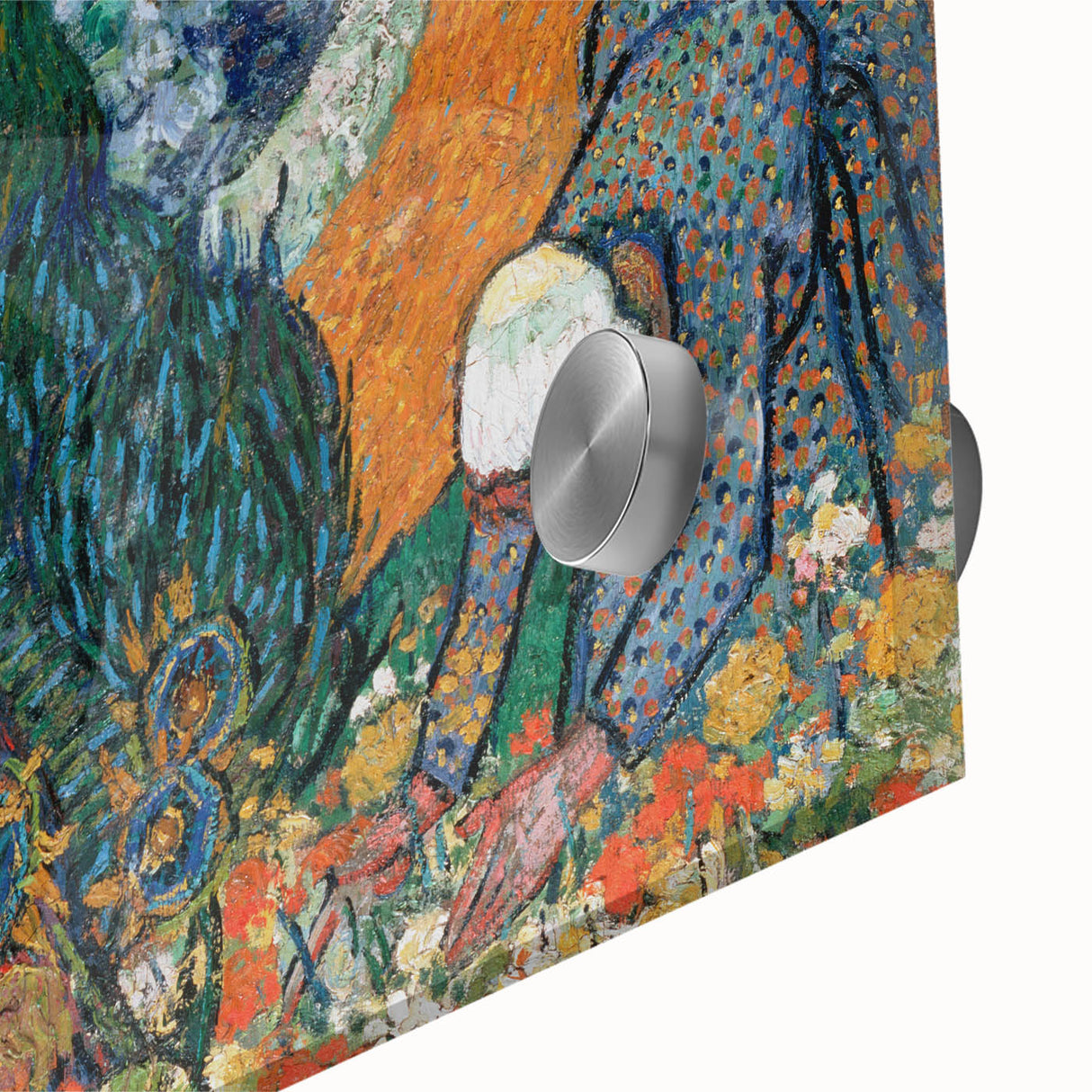 Large abstract wall art print on acrylic glass featuring swirling blue and yellow tones in a mid-century modernist style.