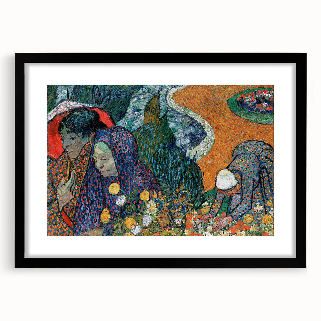 Extra large, colorful abstract art print with textured appearance on a framed black mat, ideal for living room decor.