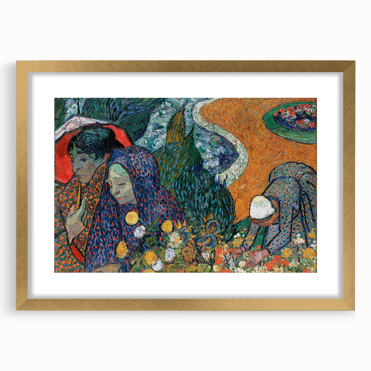 Extra large abstract art print on canvas featuring textured swirls in vibrant blue and gold, framed in gold.