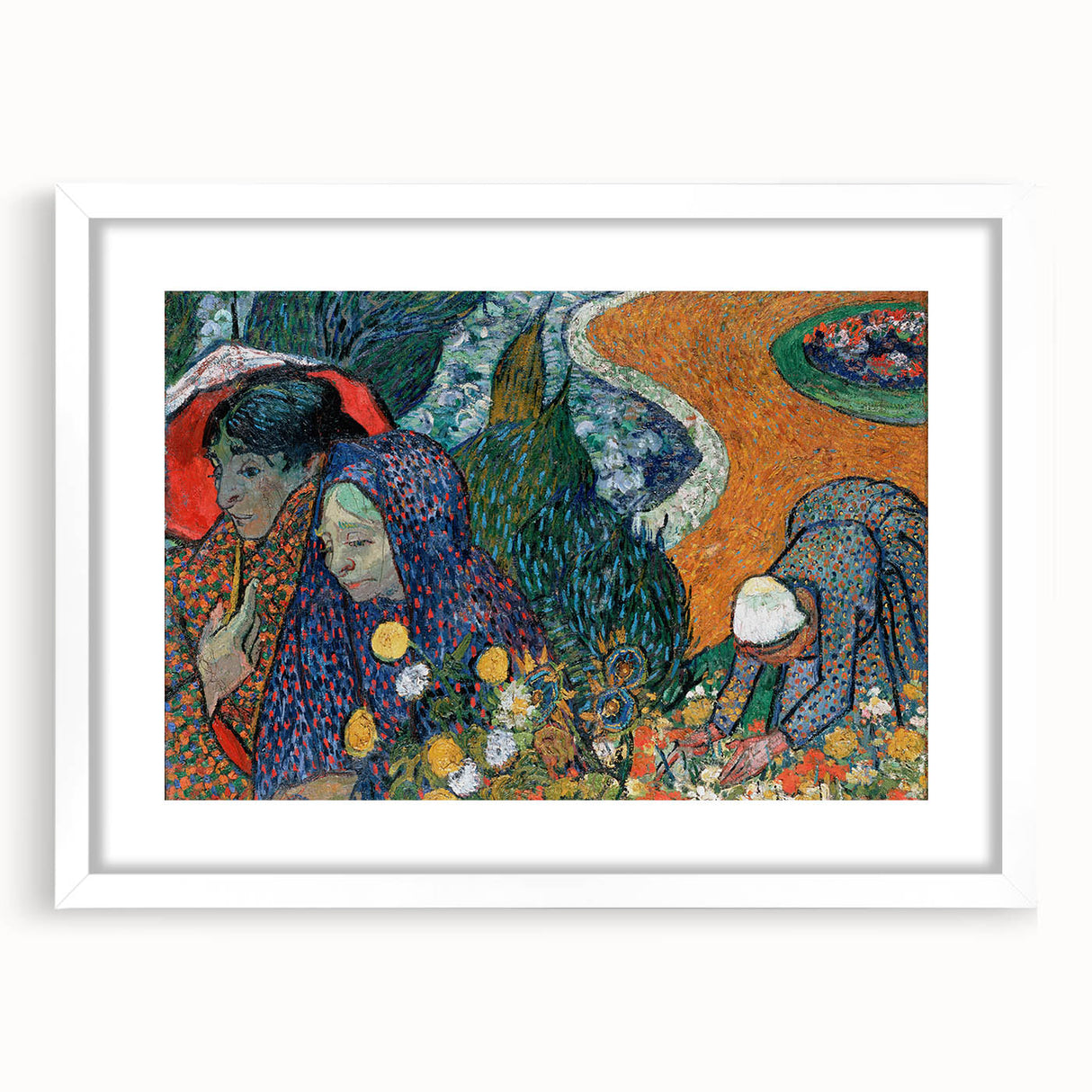 Abstract art print featuring swirling shades of blue and yellow on a white framed canvas, suitable for dining room decor.