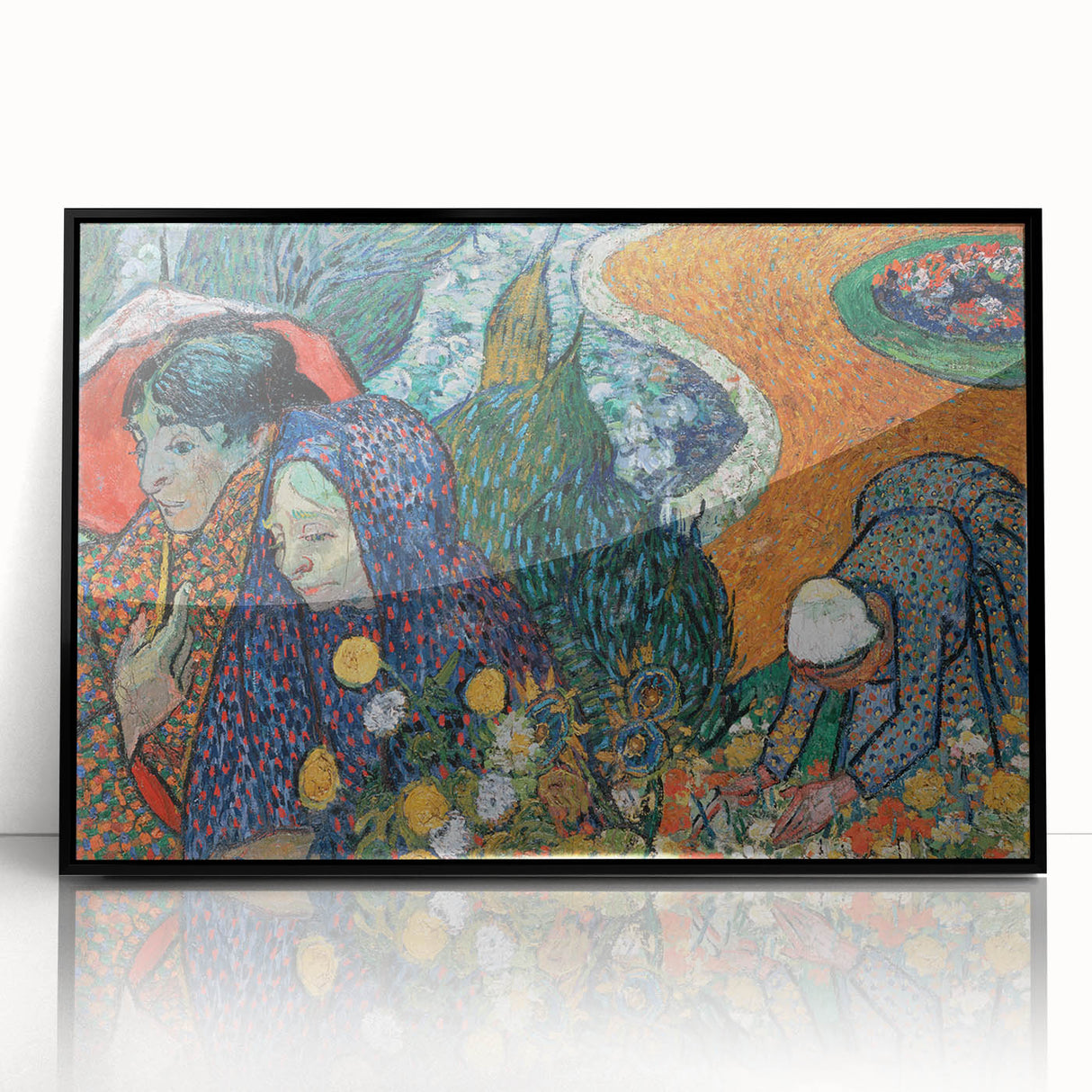 Large abstract wall art with swirling blue and yellow patterns on a black acrylic frame, ideal for modern living room decor.