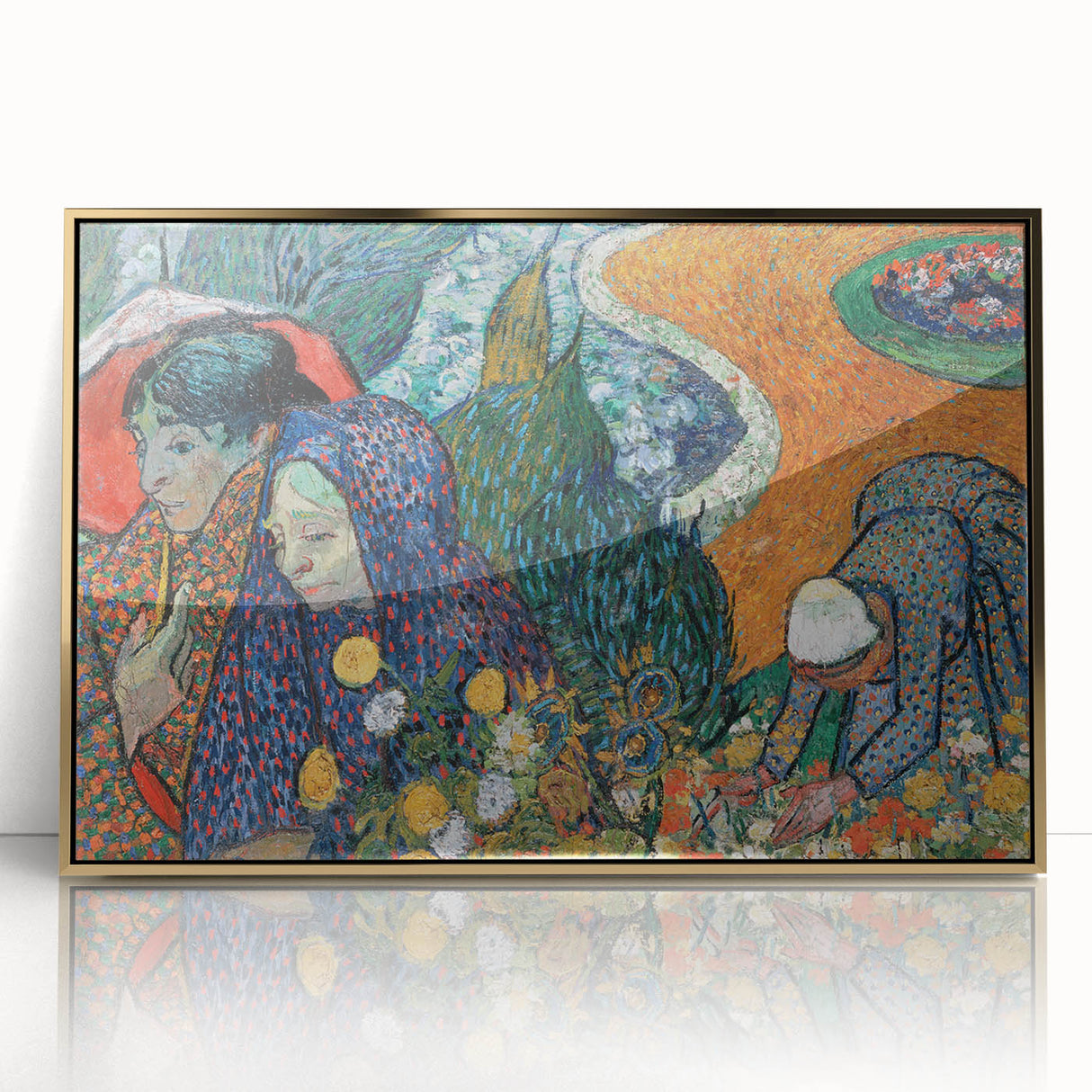 Large acrylic print of Van Gogh's painting in a gold frame, featuring mid-century modernist style.