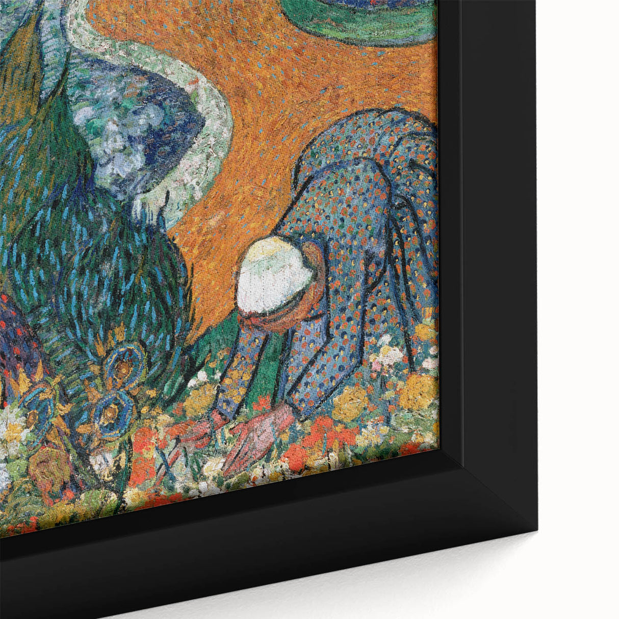 Close-up of a textured Vincent van Gogh painting reproduction on a black framed canvas, featuring vibrant, colorful swirls.