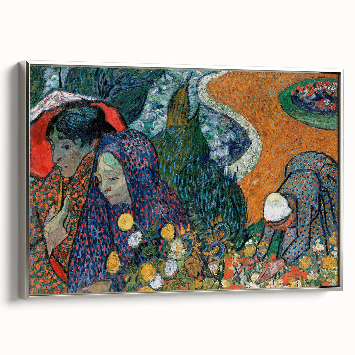 Framed canvas of a Van Gogh landscape painting with vibrant colors and silver frame, suitable for living room decor.