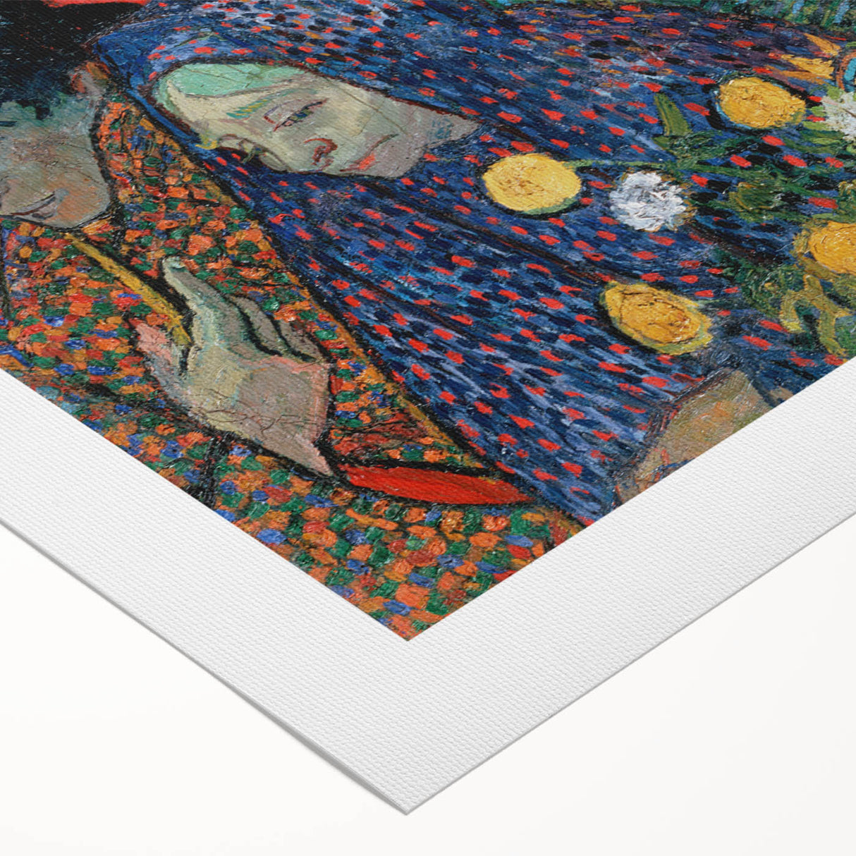 Art deco poster featuring geometric patterns in muted gold and navy, printed on rolled canvas.