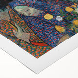 Art deco poster featuring geometric patterns in muted gold and navy, printed on rolled canvas.