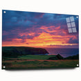 Acrylic glass artwork depicting a vibrant landscape with dramatic cliffs, showcasing rich colors and detailed textures, ideal for enhancing modern home decor.